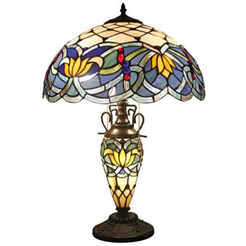 Tiffany Style Table Lamp W16H24 Inch Tall Blue Stained Glass Lotus Lampshade Antique Night Light Base S220 WERFACTORY Lamps Lover Living Room Bedroom Office Study Reading Desk Nightstand Art Gifts