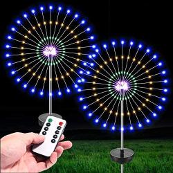 Outdoor Firework Garden Lights 120 LED Solar Powered Decorative Stakes Landscape lamp Foldable Branches IP44 Waterproof DIY Stars Tube for Walkway Pathway Backyard Decoration 2 Pack （Multi Color