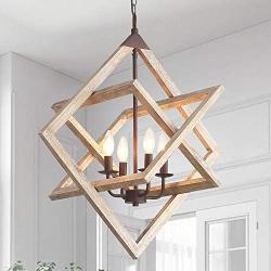 WoodenChandelier Ceiling Pendant Light 4 Candle Holder Lights Vintage Industrial Rustic Hanging Square Ceiling Lamp Light Fixture for Bedroom Kitchen Island Livingroom Farmhouse Foyer