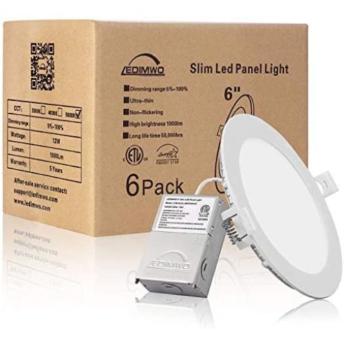 1100lm 5 Years Warranty 6 inch 12W 5000K No-Flicker No-Buzz Dimmable Recessed Lighting, 6''LED Recessed Light, Led Ceiling Light, Led Can Lights with Junction Box, 6 Pack ETL & Energy Star