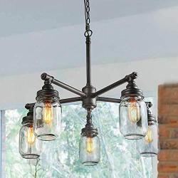 LNC Farmhouse Chandelier, Mason Jar Lights, Medium Dining Room Pendant in Brushed Dark Silver Metal for Kitchen Island