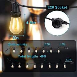 LED Outdoor String Lights, 48ft Outdoor Patio String Lights with Shatterproof Plastic Edison Vintage Bulbs, Commercial Grade Weathproof, 15 Hanging Sockets for Porch Bistro Café Backyard