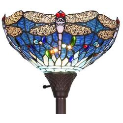 Capulina Tiffany Style Torchiere Floor Lamp, 1 Light Tiffany Style Floor Light, Beautiful Dragonfly Style Tiffany Pole Lamp, 13.8'' Wide Lampshade Stained Glass Floor Lamps, Leaded Glass Floor Lamp