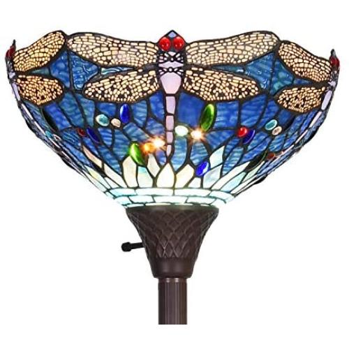 Capulina Tiffany Style Torchiere Floor Lamp, 1 Light Tiffany Style Floor Light, Beautiful Dragonfly Style Tiffany Pole Lamp, 13.8'' Wide Lampshade Stained Glass Floor Lamps, Leaded Glass Floor Lamp