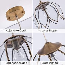 YIFI Deco Brass Pendant Light Lotus Vintage Glass Adjustable Ceiling Pendant Light for Kitchen Island Dining Room Bedroom Living Room, Clear