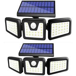 Oumaiga Wireless LED Solar Motion Sensor Lights Outdoor,3 Head Motion Sensor Lights,Lights Outdoor Spotlights 360°，IP65 Waterproof, Illumination for Yard Patio Garage Entryway Front Door (2 Pack)