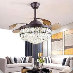 Healer 42 inch Crystal Ceiling Fan with Remote Control Brown Finish, Modern Retractable Invisible LED Chandelier Fans with Lights for Living Room Indoor Decorative Lamp