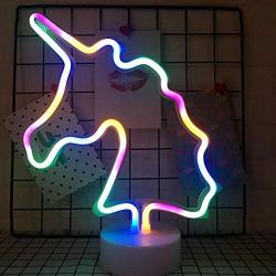 Colorful Unicorn Neon Sign Night Light Lamp with Holder Base Decorative Marquee Signs Light Battery Operated Wall Decoration for Living Room Bedroom Christmas Party Supplies Kids Toys Birthday Gifts