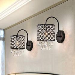 Maxax Crystal Wall Sconce Set of 2 Indoor Wall Lamp Lighting Fixture Clear Crystal Inserts Lattice Drum Shade for Hallway Bedroom Living Room,Antique Black Finish