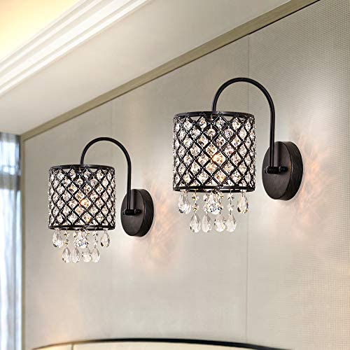 Maxax Crystal Wall Sconce Set of 2 Indoor Wall Lamp Lighting Fixture Clear Crystal Inserts Lattice Drum Shade for Hallway Bedroom Living Room,Antique Black Finish