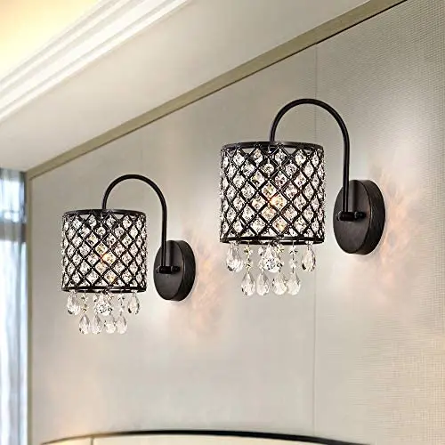 Maxax Crystal Wall Sconce Set of 2 Indoor Wall Lamp Lighting Fixture Clear Crystal Inserts Lattice Drum Shade for Hallway Bedroom Living Room,Antique Black Finish