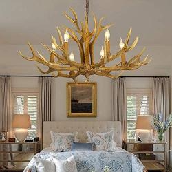 CraftThink Pendant Lighting LED Chandelier Light Candle Antler Style E12 Rustic Resin Multi Light Pendant Hanging Light for Dining Living Cafe Room Restaurant Bar-6 Lights