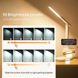 LITOM LED Desk Lamp, Eye-Caring Office Table Lamps with Night Light, 10 Brightness, 5 Color Temperature, USB Charging Port, 1H Timer, Touch Control, Memory Function for Reading, Work, Study (White)