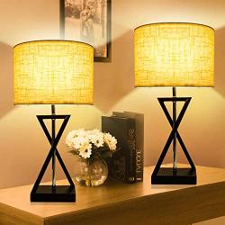 Geometrical Bedside Table Lamps Set of 2, 3-Color Bulbs Included Table Lamps Pack with Creamy Linen Lamp Shade Steady Metal Base, Nightlight Desk Lights Set for Living Room Bedroom Hotel - Shine Decor