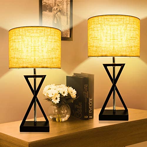 Geometrical Bedside Table Lamps Set of 2, 3-Color Bulbs Included Table Lamps Pack with Creamy Linen Lamp Shade Steady Metal Base, Nightlight Desk Lights Set for Living Room Bedroom Hotel - Shine Decor
