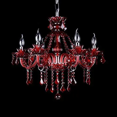 LAKIQ Crystal Modern Chandelier Lighting Fixtures Living Room Bedroom Hanging Pendant Light Candle Candelabras Shape Length Adjustable for Dining Room (Red, 6 Lights)