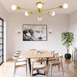 Modern Gold Sputnik Chandelier 6-Light Flush Mount Ceiling Light, Mid Century Pendant Lamp Lighting Fixture for Dining Room Living Room Bedroom Kitchen Cafe Bar