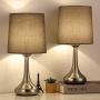 Bedside Table Lamps Set of 2 Small Modern Desk Lamp Classic Nightstand Table Light Set with Gray Fabric Shade and Silver Metal Base for Bedroom, Living Room, Office, Coffee Table, Great Gift