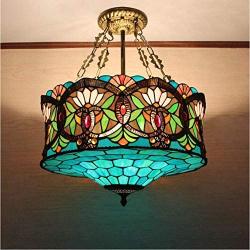 LITFAD Tiffany Ceiling Light 19.69''Height 5-Lights Pendant Light with Splendid Baroque Pattern Glass Shade 110V-120V Ceiling Hanging Light for Living Room Bedroom Hotel