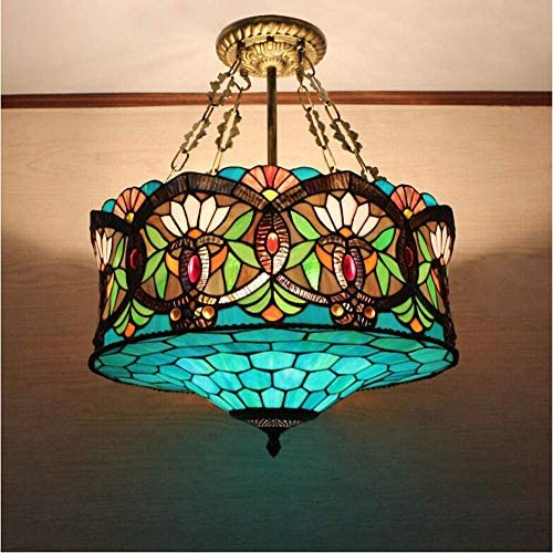 LITFAD Tiffany Ceiling Light 19.69''Height 5-Lights Pendant Light with Splendid Baroque Pattern Glass Shade 110V-120V Ceiling Hanging Light for Living Room Bedroom Hotel