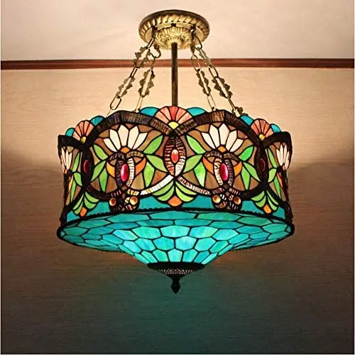 LITFAD Tiffany Ceiling Light 19.69''Height 5-Lights Pendant Light with Splendid Baroque Pattern Glass Shade 110V-120V Ceiling Hanging Light for Living Room Bedroom Hotel