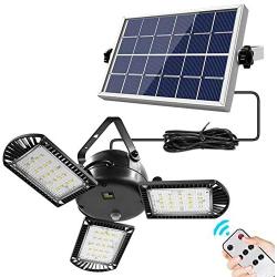 Solar Lights Outdoor, 3 Leaf Solar Pendant Light with Adjustable Multi-Position Panels, 60 LED IP65 Waterproof Solar Lamp with Remote Control, for Garage, Deck, Fence, Patio, Shed, Tent (Three Leaf)