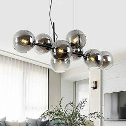 CCSUN Nordic Glass Ball Long Chandelier,110cm Island Lights 8-Lights Spherical Pendant Light E26 Black Mid Century Chandelier Smoke Gray Globe Decor Hanging Lamp for Living Room Dining Room