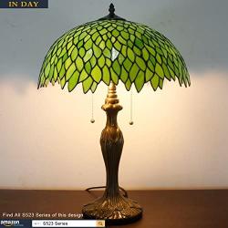 Tiffany Style Table Lamp Stained Glass Bedside Desk Light W16H24 Inch Tall Green Wisteria Lampshade Antique Base S523 WERFACTORY LAMPS Lover Parent Friend Kid Living Room Bedroom Coffee Bar Craft Gift