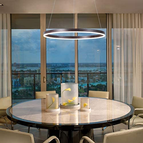 Harchee Modern LED Ring Chandelier Acrylic Round Shape Ceiling Light Fixture, Adjustable LED Circle Pendant Light with 1 Ring for Living Room, Dining Room, Warm White 3000K, Brown Finish, 23.6 inches