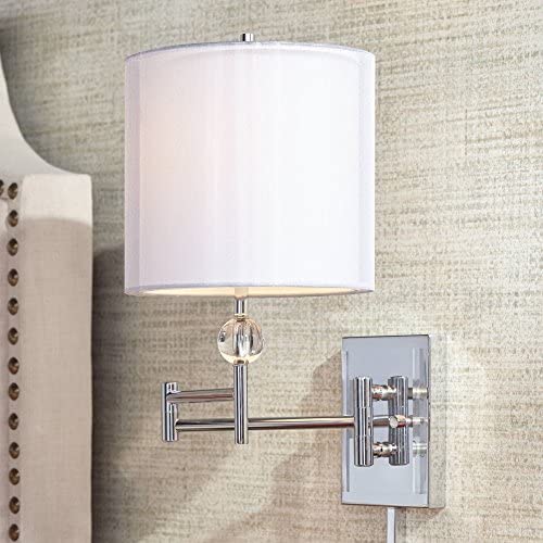 Kohle Modern Swing Arm Wall Lamp Chrome Plug-in Light Fixture Sheer Silver White Cotton Drum Double Shade for Bedroom Bedside Living Room Reading - Possini Euro Design