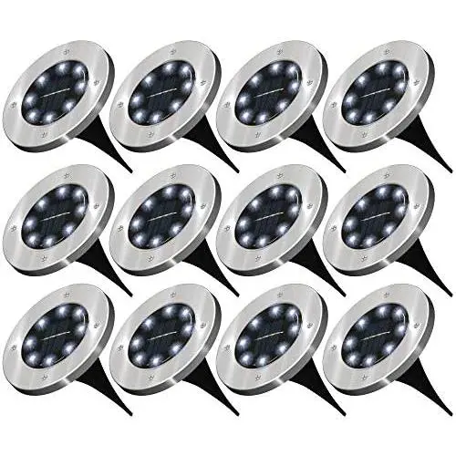 Sunco Lighting 12 Pack Solar Path Lights, Dusk-to-Dawn, 6000K Daylight Deluxe, Cross Spike Stake for Easy in Ground Install, Solar Powered LED Landscape Lighting - RoHS/CE