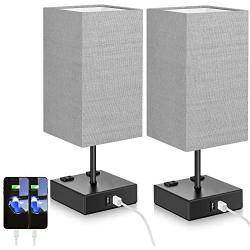 Set of 2 Touch Control Table Lamp with 2 USB Ports and 2 AC Outlets, 3-Way Dimmable Modern Beside Nightstand Lamp with Grey Fabric Shade for Bedroom Living Room Office Hotel, 2 LED Bulbs Included