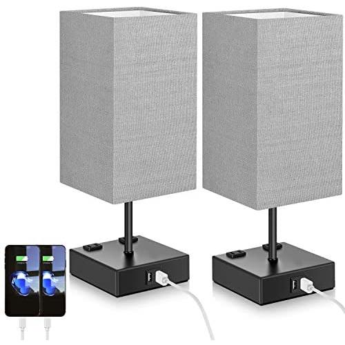 Set of 2 Touch Control Table Lamp with 2 USB Ports and 2 AC Outlets, 3-Way Dimmable Modern Beside Nightstand Lamp with Grey Fabric Shade for Bedroom Living Room Office Hotel, 2 LED Bulbs Included