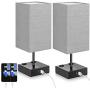 Set of 2 Touch Control Table Lamp with 2 USB Ports and 2 AC Outlets, 3-Way Dimmable Modern Beside Nightstand Lamp with Grey Fabric Shade for Bedroom Living Room Office Hotel, 2 LED Bulbs Included