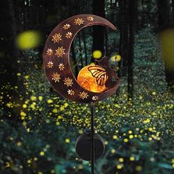 TERESAS COLLECTIONS 39 inch Metal Moon Fairy Garden Solar Lights with Angel Decor, Decorative Moon Solar Lights with Crackle Glass Ball for Outdoor Patio Yard Decorations