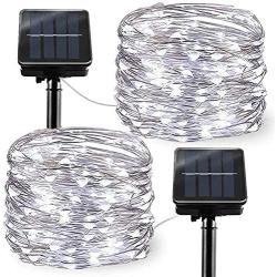 Chinety Upgraded Solar Powered String Lights, 2 Pack 8 Modes 100 LED Solar Fairy Lights Waterproof 33ft Silver Wire Lights Outdoor Garden String Lights for Home Patio Yard Party Decor (Cool White)