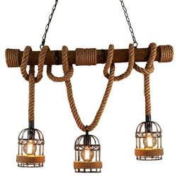 BAYCHEER Industrial 3 Lights Pendant Light Ceiling Lighting Hanging Lamp Chandelier Lantern Style with Rope Cage Frame & Wood Decoration for Indoor Bar Warehouse Hallway Use E26 Bulbs