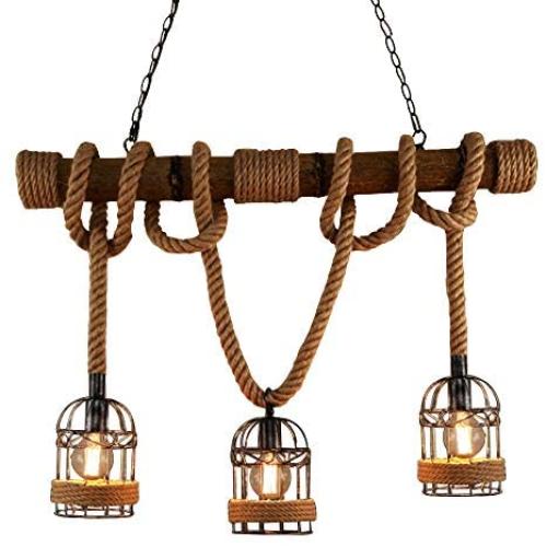 BAYCHEER Industrial 3 Lights Pendant Light Ceiling Lighting Hanging Lamp Chandelier Lantern Style with Rope Cage Frame & Wood Decoration for Indoor Bar Warehouse Hallway Use E26 Bulbs