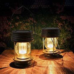 pearlstar Solar Lantern - Hanging Solar Lights Outdoor - 2 Pack Solar Powered Waterproof Led Lanterns Vintage Design for Landscape,Yard,Garden,Pathway,Beach,Pavilion Decoration (Warm Lights)