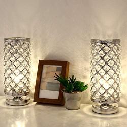 Crystal Table Lamps Set of 2, Modern Elegant Decorative Small Desk Light with Crystal Beads Hollowed Out Metal Lampshade and Base for Bedroom Living Room Kids Room