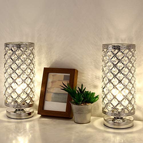 Crystal Table Lamps Set of 2, Modern Elegant Decorative Small Desk Light with Crystal Beads Hollowed Out Metal Lampshade and Base for Bedroom Living Room Kids Room