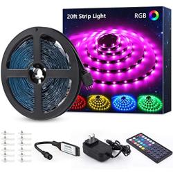 20ft RGB LED Strip Light kit, Color Changing Flexible Dimmable 180 Units SMD 5050 LEDs, 12V LED Tape with 44 Key RF Remote, LED Ribbon for Home Lighting Kitchen Bar,UL Listed Power Supply