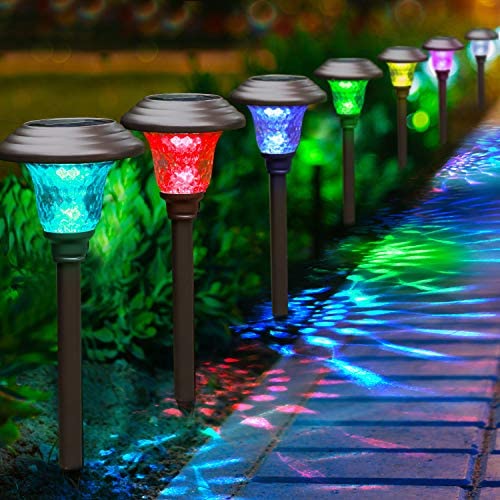 BEAU JARDIN 8 Pack Solar Lights with 7 Color Changing Pathway Outdoor Garden Stake Glass Stainless Steel Waterproof Auto On/Off Sun Powered Landscape Colorful Lighting Effect for Walkway Spike Bronze