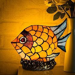 KWOKING Lighting Fish Desk Light Tiffany 15W Plug in Table Lamp 1 Light Cute Stained Glass Animals Night Light in Yellow for Girls Bedroom Kids Room