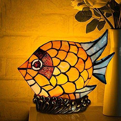 KWOKING Lighting Fish Desk Light Tiffany 15W Plug in Table Lamp 1 Light Cute Stained Glass Animals Night Light in Yellow for Girls Bedroom Kids Room