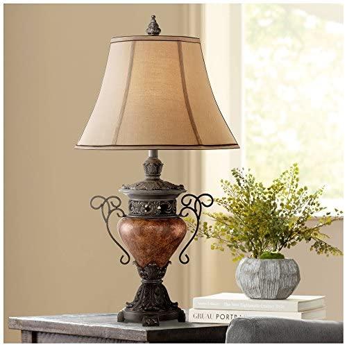 Traditional Table Lamp Bronze Crackle Urn Faux Silk Bell Shade for Living Room Family Bedroom Bedside Nightstand - Regency Hill