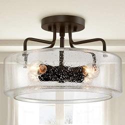 KSANA Semi Flush Mount Ceiling Light, 4-Light Black Flush Ceiling Light with Seeded Glass Shade for Kitchen, Hallway, W12'' x H8''