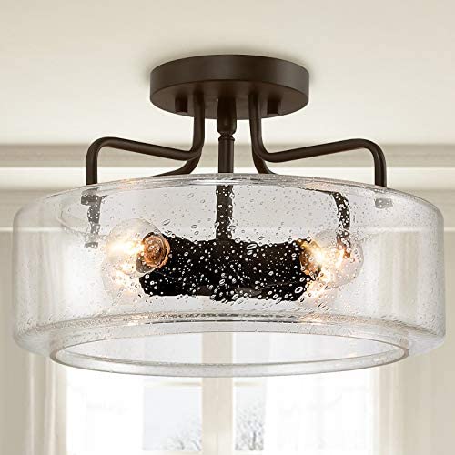 KSANA Semi Flush Mount Ceiling Light, 4-Light Black Flush Ceiling Light with Seeded Glass Shade for Kitchen, Hallway, W12'' x H8''