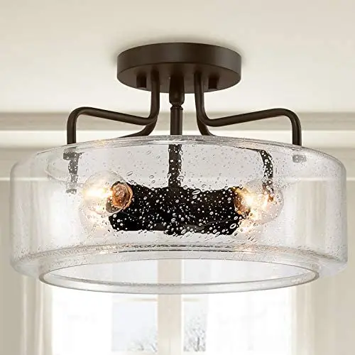 KSANA Semi Flush Mount Ceiling Light, 4-Light Black Flush Ceiling Light with Seeded Glass Shade for Kitchen, Hallway, W12'' x H8''