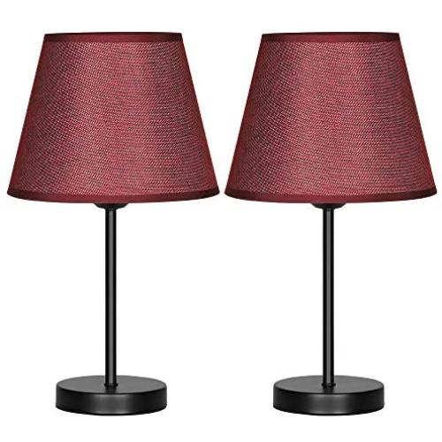 HAITRAL Bedside Table Lamps - Simple Desk Lamps Set of 2 with Red Wine Fabric Shade, Small Nightstand Lamp for Bedrooms, Office, Dorm, Girls Room - 16.2 Inches (HT-TH69-34X2)